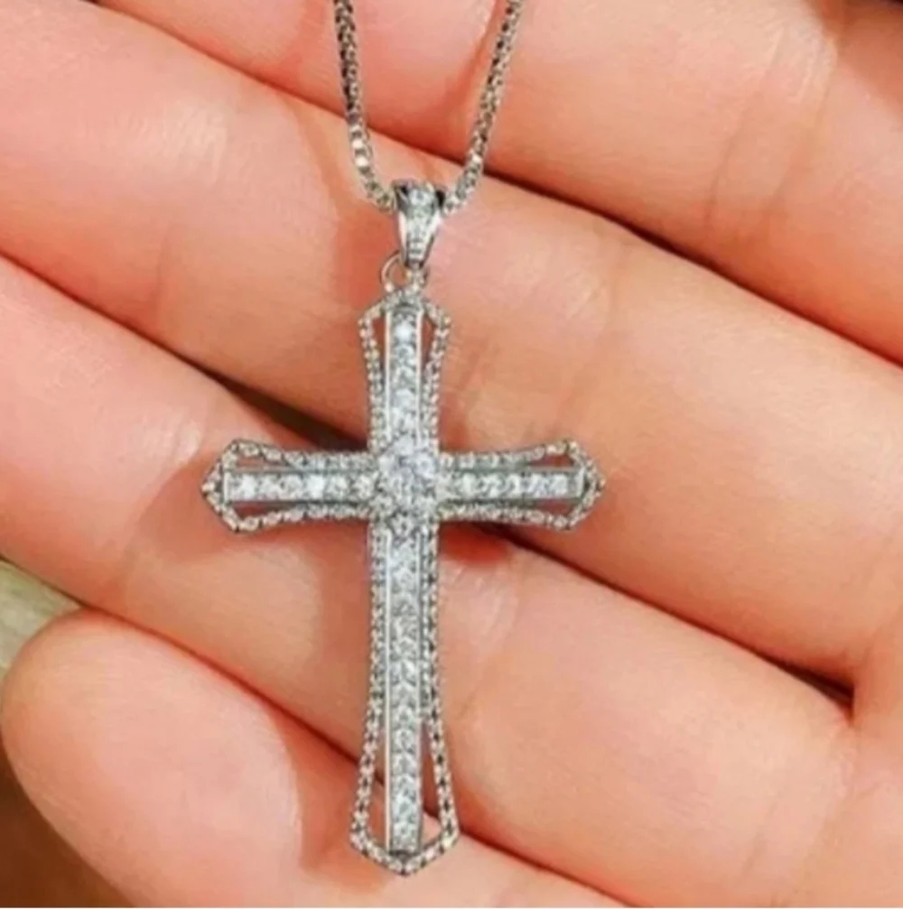 Elegant 14k Whit Gold Plated Cross Pendant Necklace 45cm